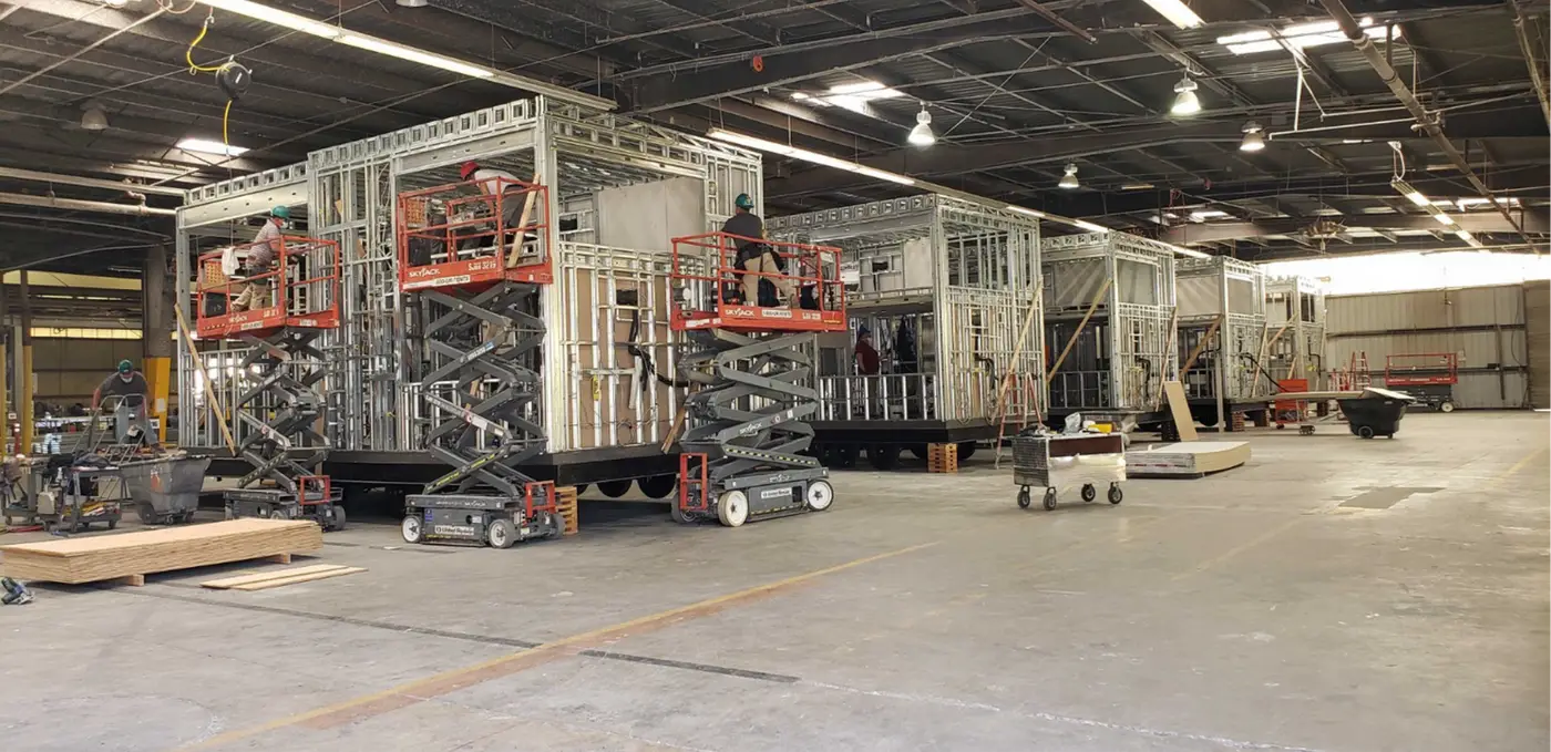 Modular units under construction inside the factory